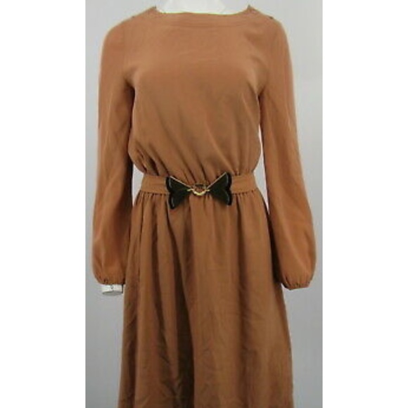 Chloe Brown Silk Fit and Flare Long Sleeve Dress w/ Black/Gold Belt sz 38 - Picture 1 of 5